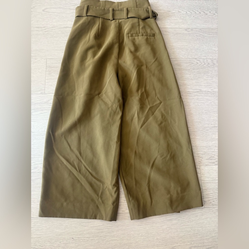 COS Belted Pants Women’s 4 Paperbag High Rise Pleated Wide Leg Culottes Olive - Picture 2 of 4